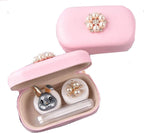 PU Leather Contact Lens Case Cute Pearl Cartoon Portable Travel Contact Lens Case Box Eye Care Kit Holder Mirror Box (Pink)