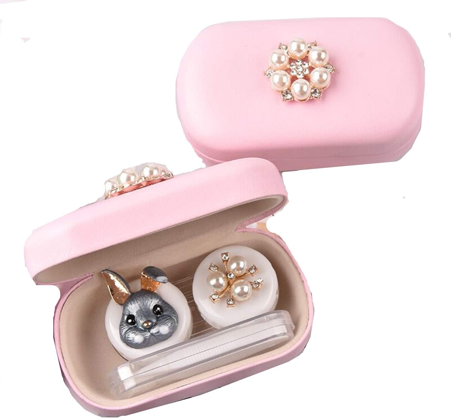 PU Leather Contact Lens Case Cute Pearl Cartoon Portable Travel Contact Lens Case Box Eye Care Kit Holder Mirror Box (Pink)