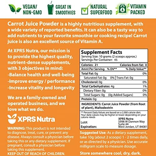 XPRS Nutra 100% Natural Carrot Juice Powder - Pure Carrot Powder from The USA - Ideal for Juice and Smoothie - High in Vitamin A, Phytonutrients and Antioxidants - Non-GMO (16 oz)
