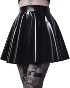 SEMATOMALA Women's PVC PU Leather Short Skater Skirt Black Latex Wet Look Shiny Pleated Flared A Line Mini Skirt Clubwear
