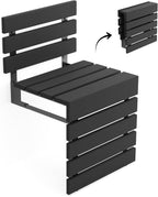 Folding Wall Mounted Teak Wood Shower Seat with Backrest, Water Resistant Foldable Bathroom Stool with Legs, Premium Materials Handmade Shoe Changing Bench, Space Saving and Super Safe Chair (Black)