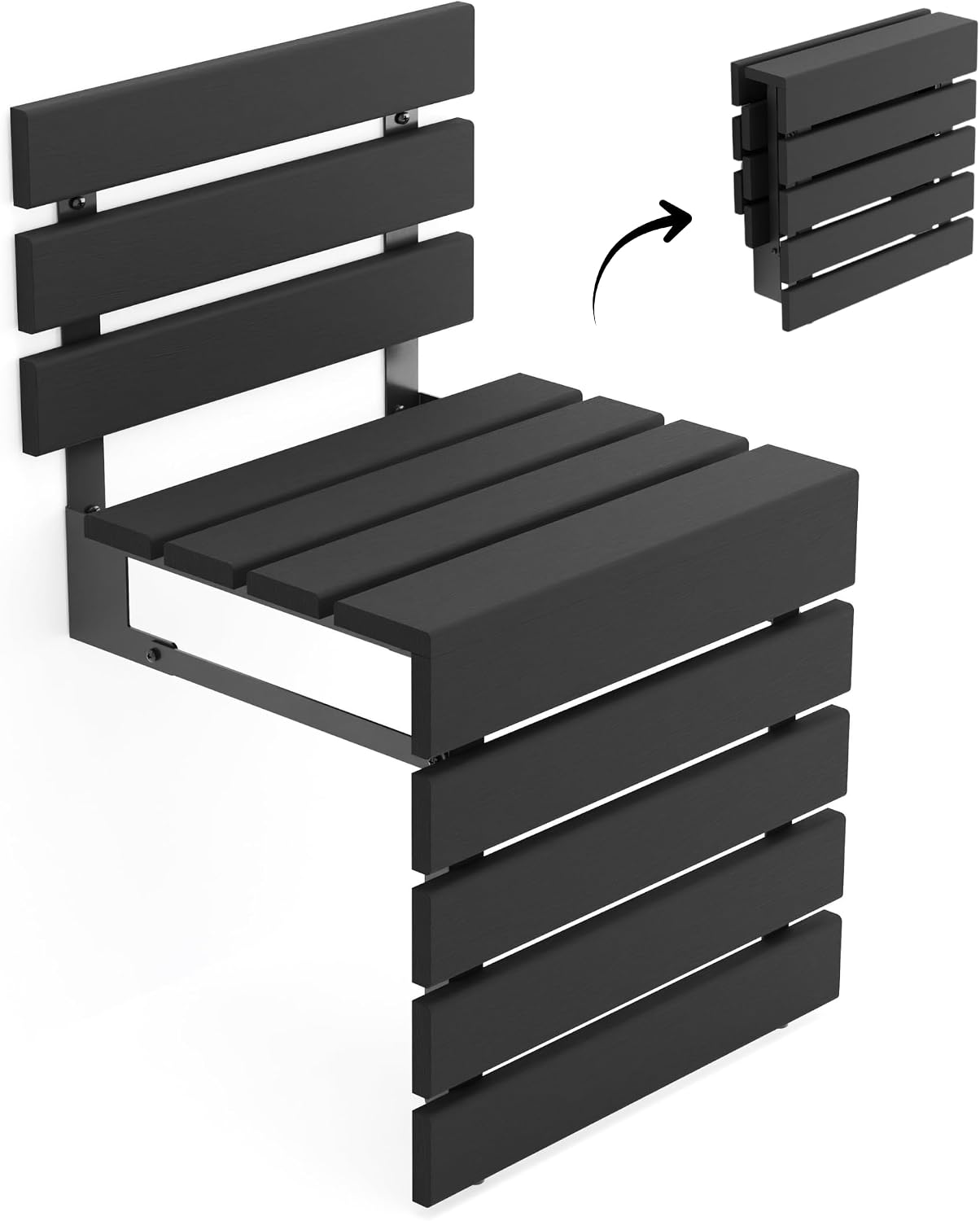 Folding Wall Mounted Teak Wood Shower Seat with Backrest, Water Resistant Foldable Bathroom Stool with Legs, Premium Materials Handmade Shoe Changing Bench, Space Saving and Super Safe Chair (Black)