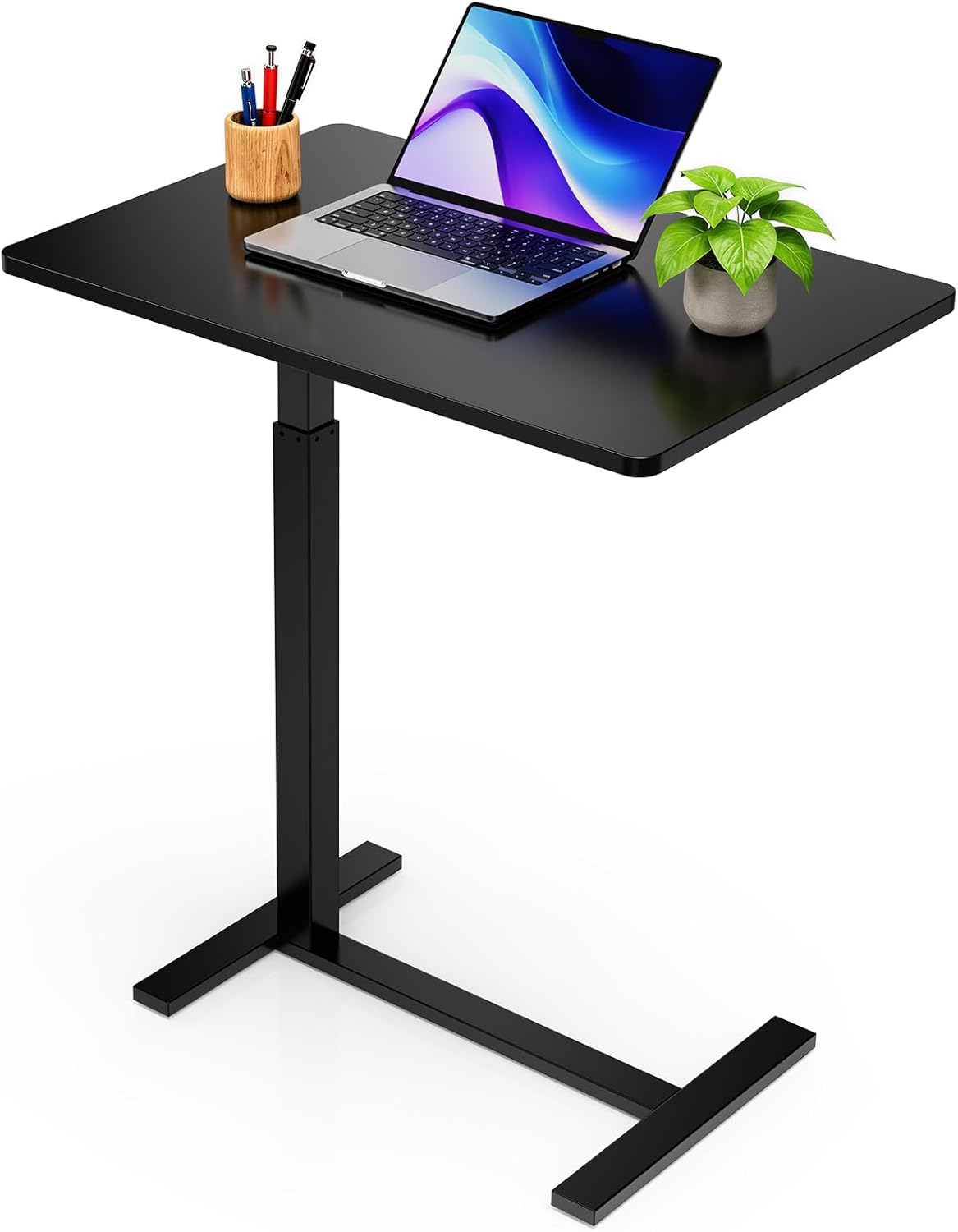 Overbed Bedside Table with Hidden Casters, Adjustable Pneumatic Mobile Laptop Computer Standing Desk, Rolling Laptop Table, Movable Overbed Table Hospital Home Use, Black