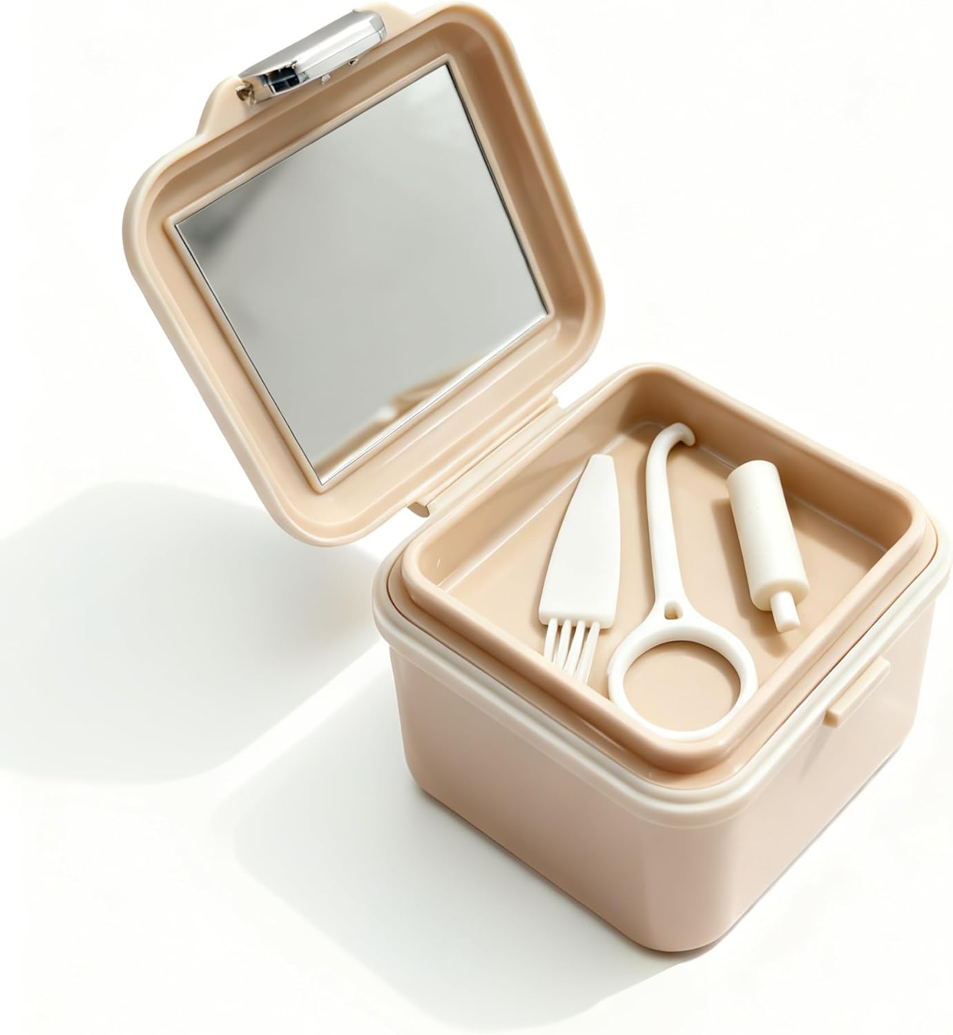 Denture Soaking Container Retainer Cleaner Case, Denture Bath Box with Strainer Basket, with Cleaning Brush Dentures Cup, with Mirror Denture Holderfor Travel Retainer case（beige）