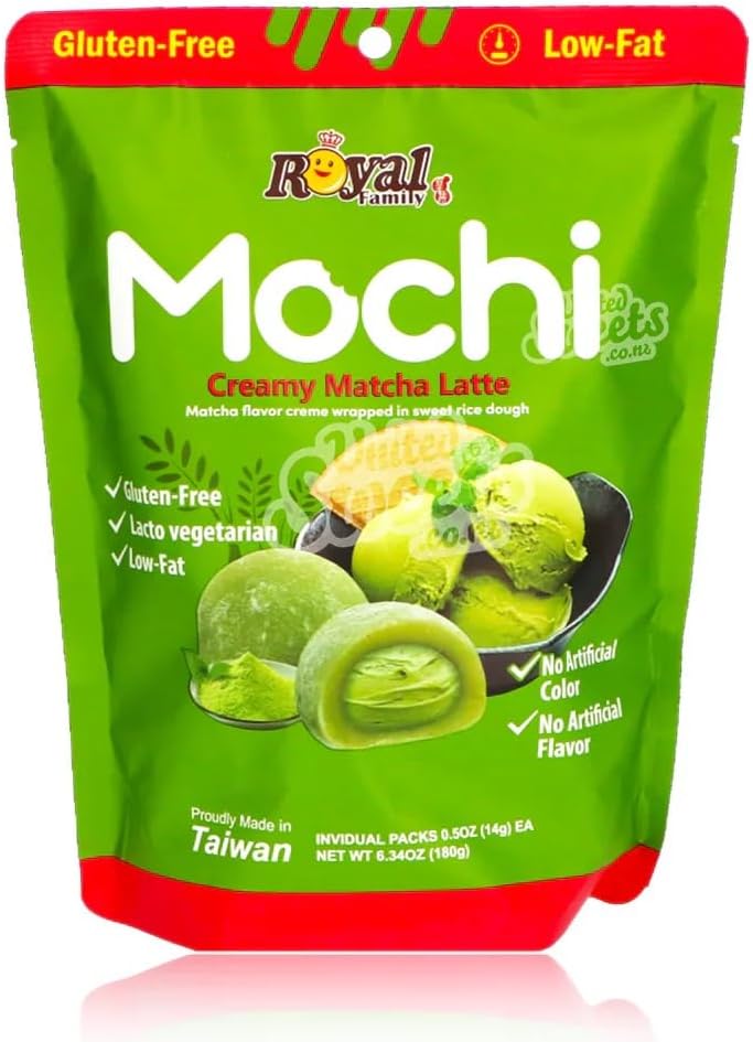 Royal Family Mochi, Creamy Matcha Latte Flavor, (2 Pack 8.4 oz) – Gluten-Free, Low-Fat, Lacto-Vegetarian Treat