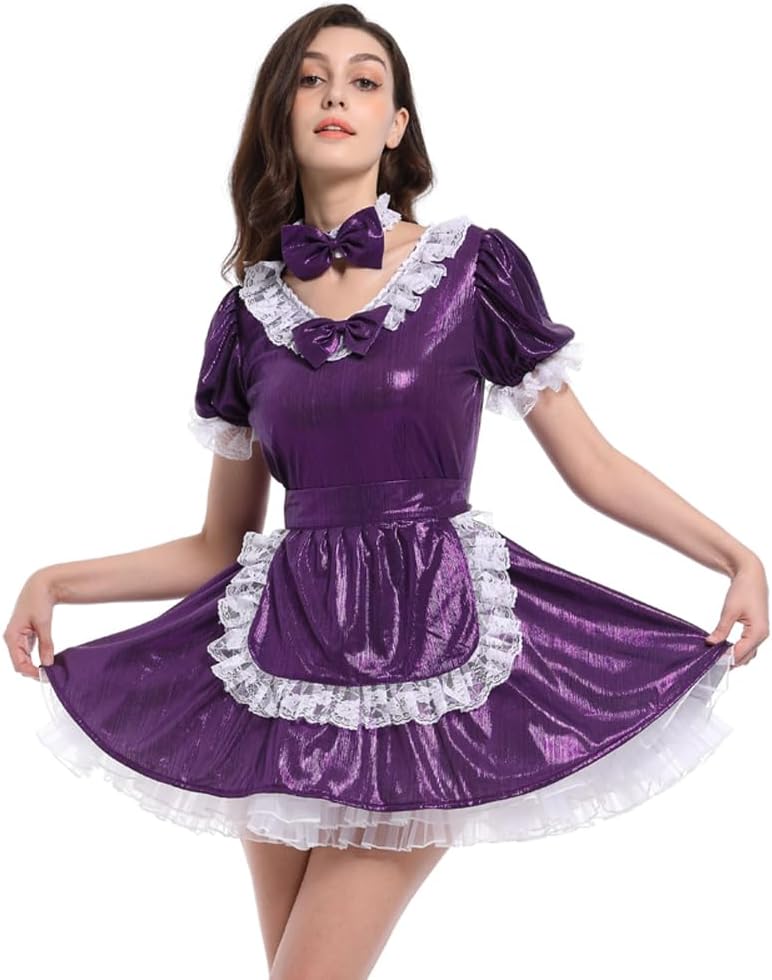 JOLINE Sweet Maid Shiny Metallic Satin Costume Dress Sissy Crossdressing Uniform Lace Ruffle Outfit