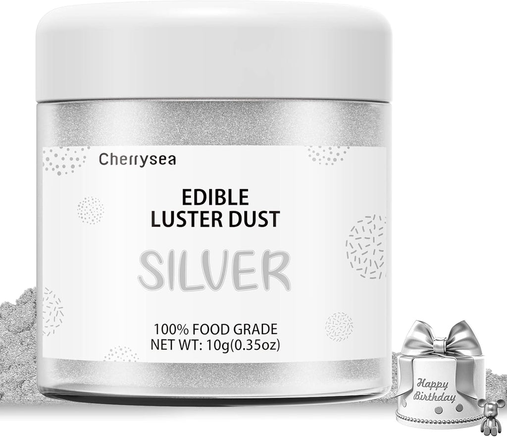 Silver Edible Luster Dust 10 Grams, Food Grade Cake Luster Dust Tasteless Dessert Dusting Powders for Baking Cherrysea Food Coloring Powder for Cupcakes, Cake Pops,Fondant,Chocolate, Candy