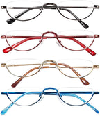 REAVEE 4 Pack Retro Designer Alloy Half Moon Reading Glasses for Women Men Half Frame Spring Hinge Stylish Slim Reader with Pouch, Black, Red, Gold and Blue, 2.0