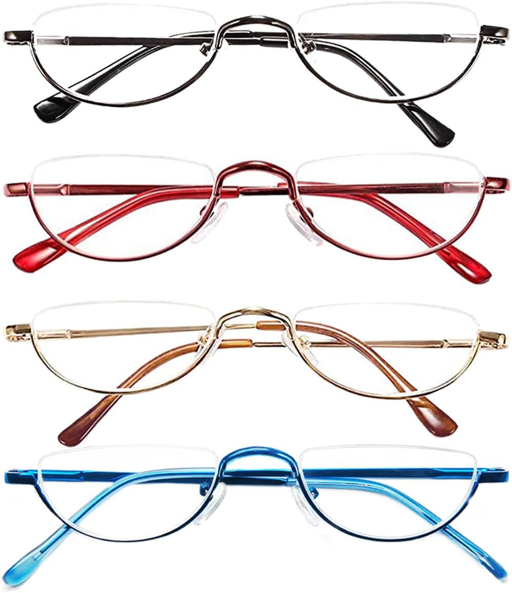 REAVEE 4 Pack Retro Designer Alloy Half Moon Reading Glasses for Women Men Half Frame Spring Hinge Stylish Slim Reader with Pouch, Black, Red, Gold and Blue, 2.0