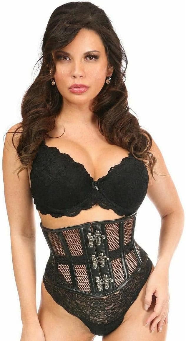 Daisy corsets Women's Fishnet & Faux Leather Steel Boned Mini Cincher W/Clasps