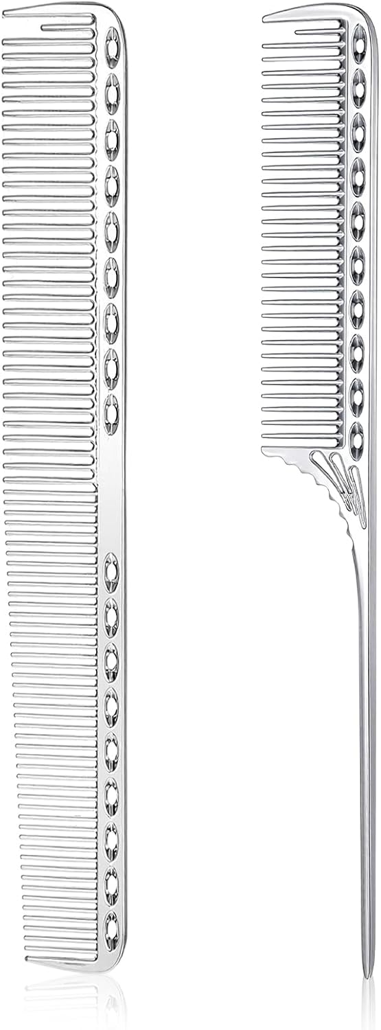 Stainless Steel Fine Tooth Comb, 2 PCS Metal Rat Tail Comb for Men Anti-Static Professional Barber Hair Styling Combs Space Aluminum Unbreakable Metal Haircut Hair Combs for Men Women, Heat Resistant