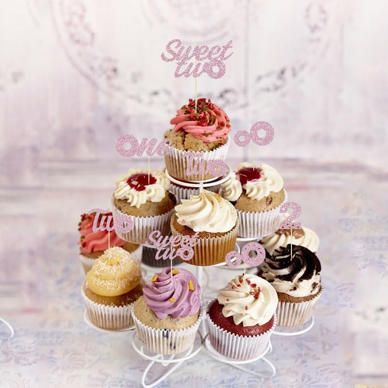 24 Pcs Sweet Two Cupcake Toppers Donut Party Decorations Picks Two Cake Decoration for 2st Theme Birthday Party Baby Shower Supplies（Pink）