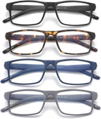 4 Pack Reading Glasses Blue Light Blocking for Men Women, Rectangular Frame Computer Readers with Spring Hinge, Anti Eyestrain/UV Ray Eyeglasses 1.75x