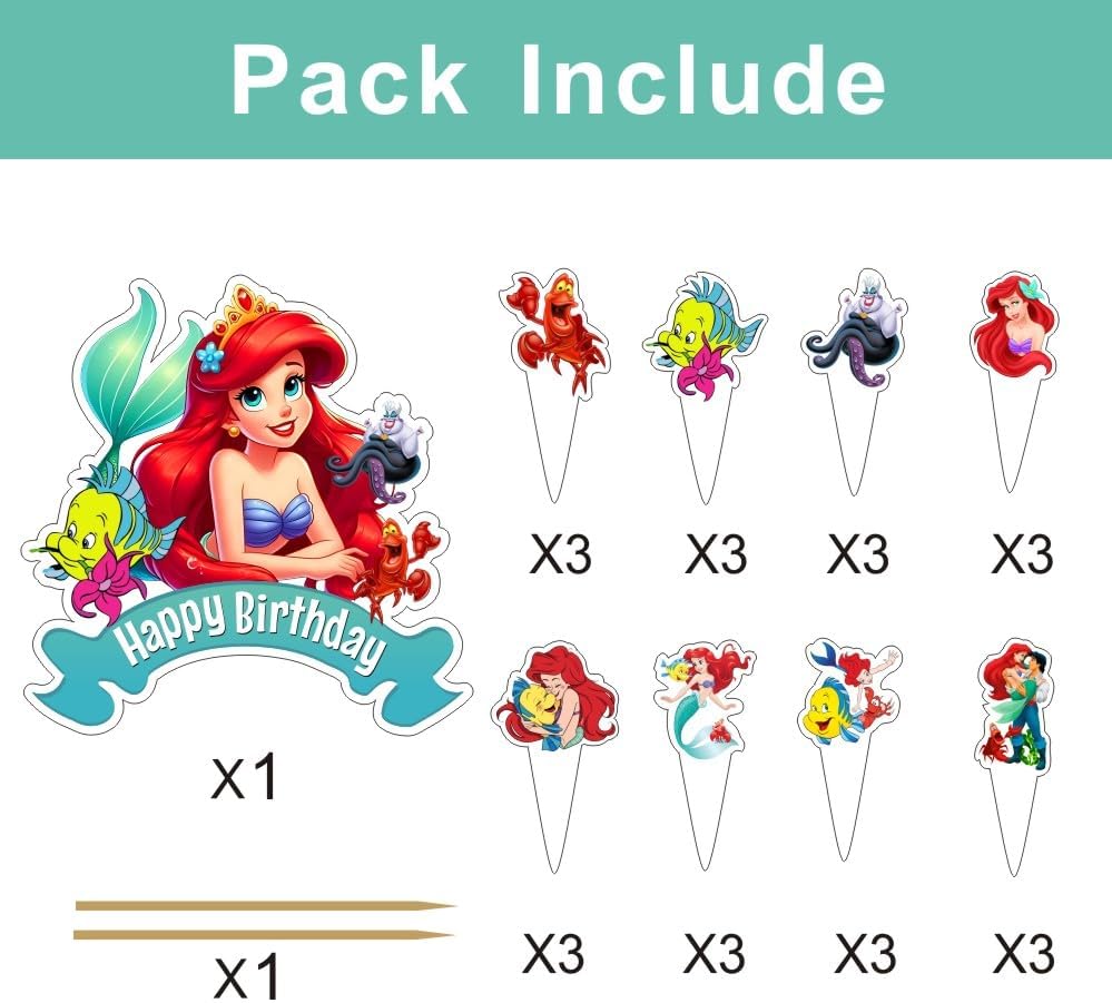 25Pcs Mermaid Cake Decorations with 24pcs Cupcake Toppers 1pcs Cake Topper for Girls Birthday Party Supplies
