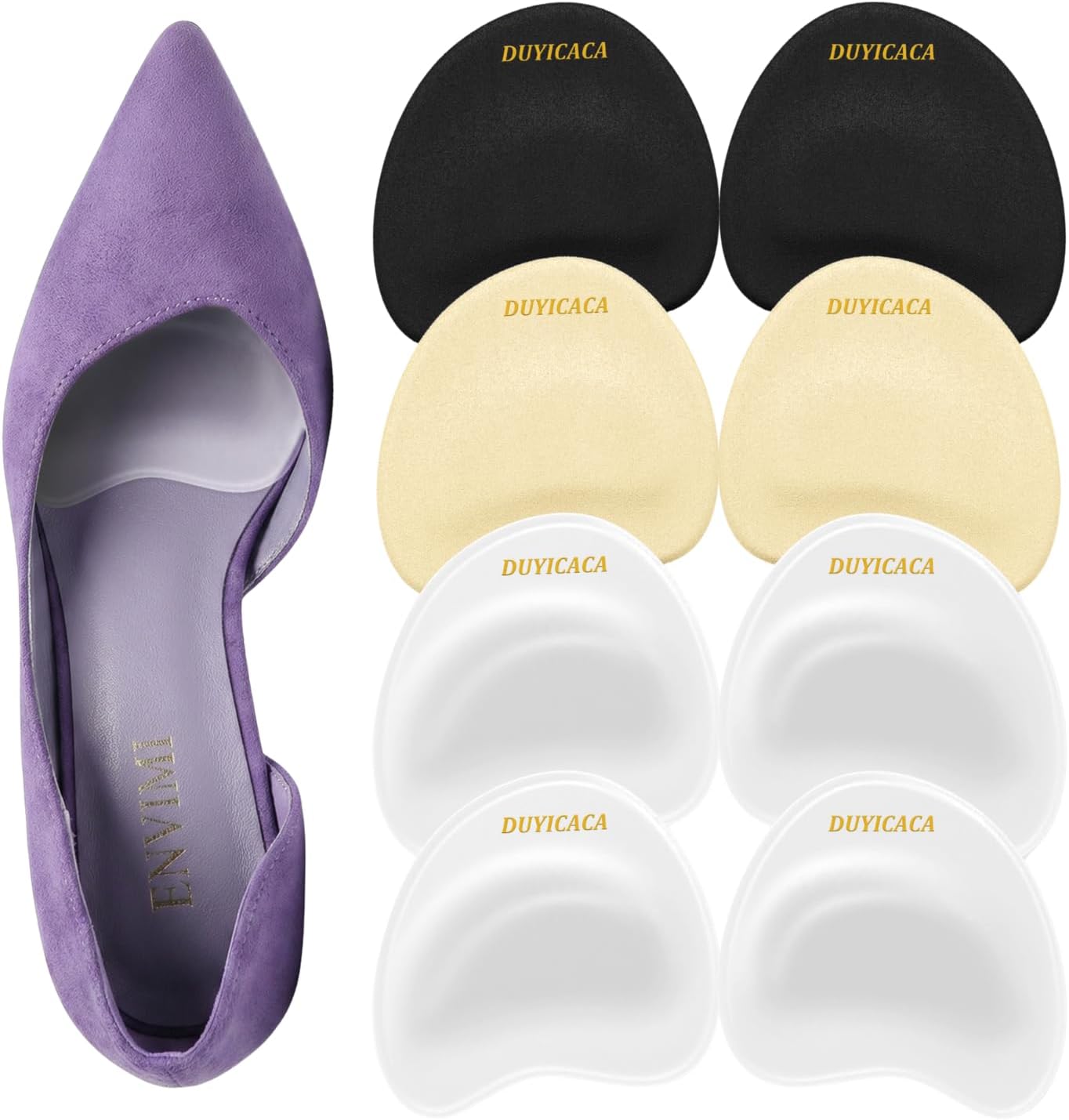 Ball of Foot Cushions Shoe Inserts(4 Pairs): Metatarsal Pads for Women - Anti-Slip Forefoot Inserts for High Heel Footwear, One Size Fits All (8, 2*Clear+Black+Beige)