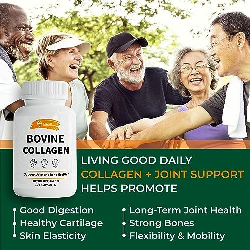SIRUNES Bovine Collagen Supplements for Men and Women I Hydrolyzed Grass Fed Bovine Collagen Peptides Dietary Supplement for Joint, Nerve & Bone Support - Non-GMO, Anti-Aging - 100 Capsules