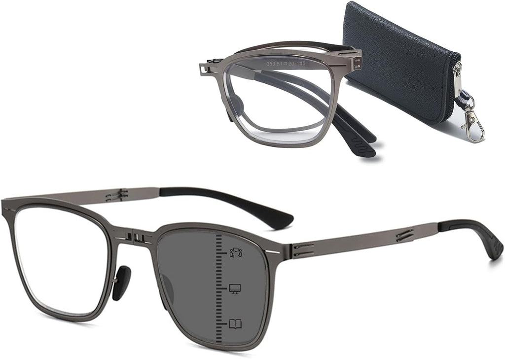 Mens Folding Photochromic Progressive Reading Glasses Blue Light Blocking Metal Foldable Multifocal Readers No-Line