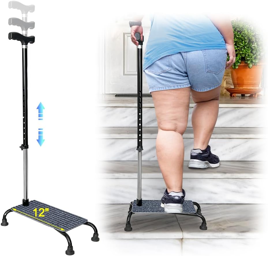 Stair Climbing Assist Cane for Seniors, Stair Lifts Walker Elderly, Mobile Half Step Aid Stair Helper, Adjustable 4 Prong Standing Quad Cane Large Base, Portable Walking Stick for Stability