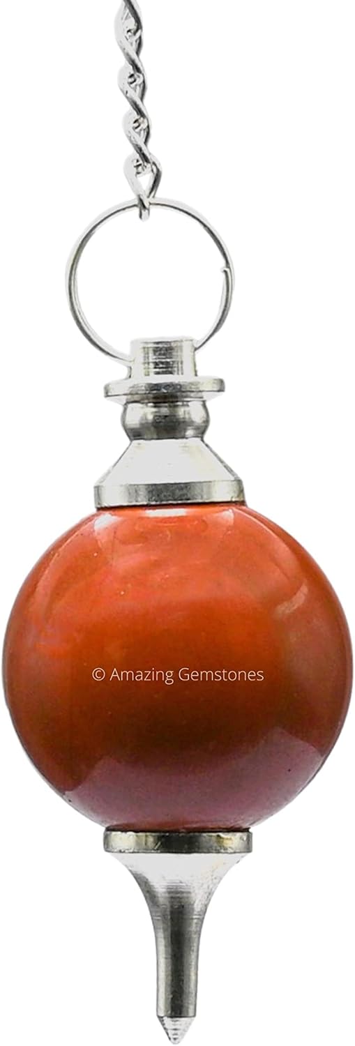 Amazing Gemstone Red Jasper Crystal Ball Pendulum for Divination - Dowsing Pendulum Necklace with Chain and Quartz Bead for Reiki Healing and Crystal Grid Meditation