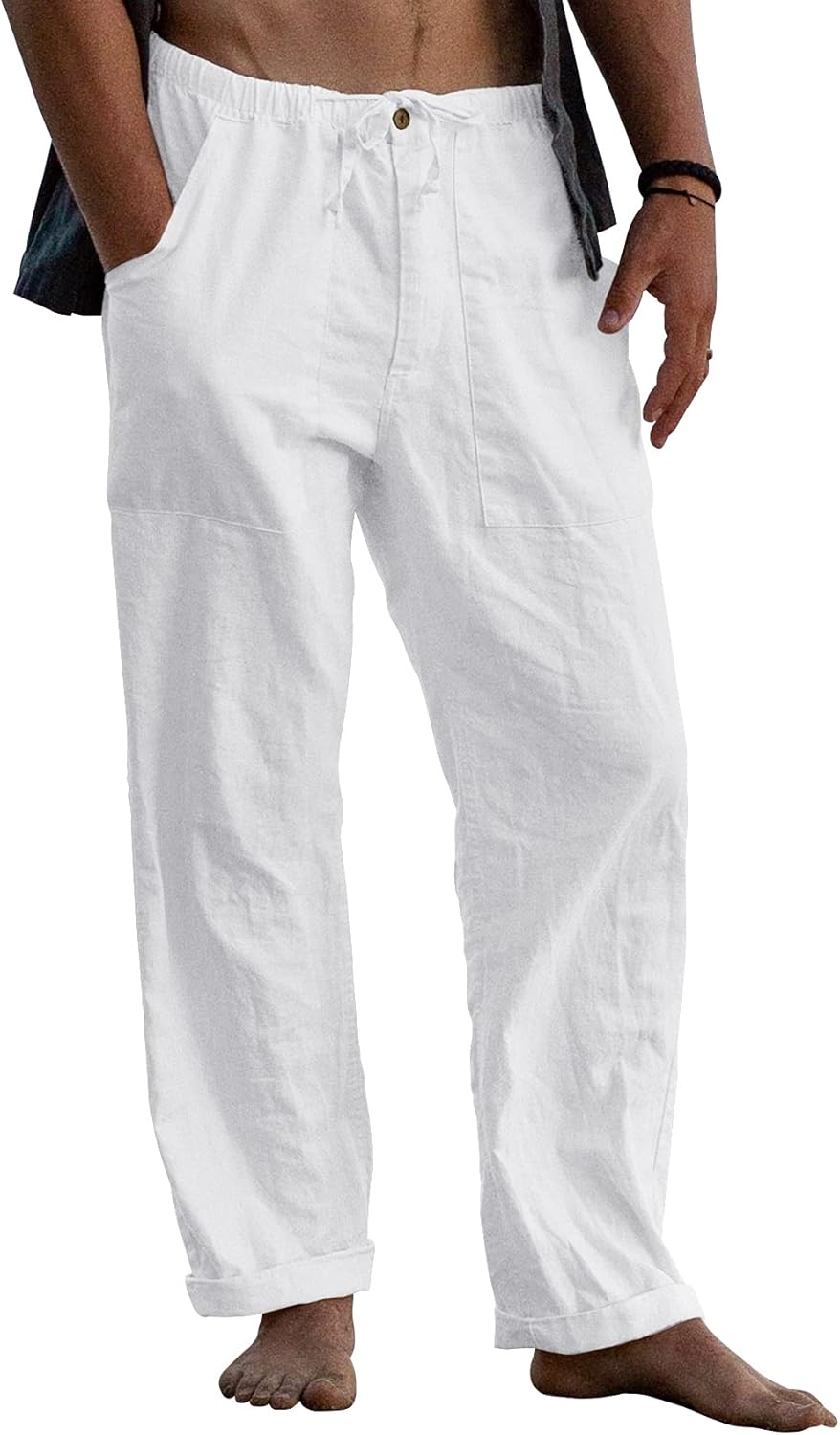 Gafeng Mens Linen Pants Yoga Beach Loose Fit Casual Elastic Waist Drawstring Summer Harem Baggy Trousers with Pockets