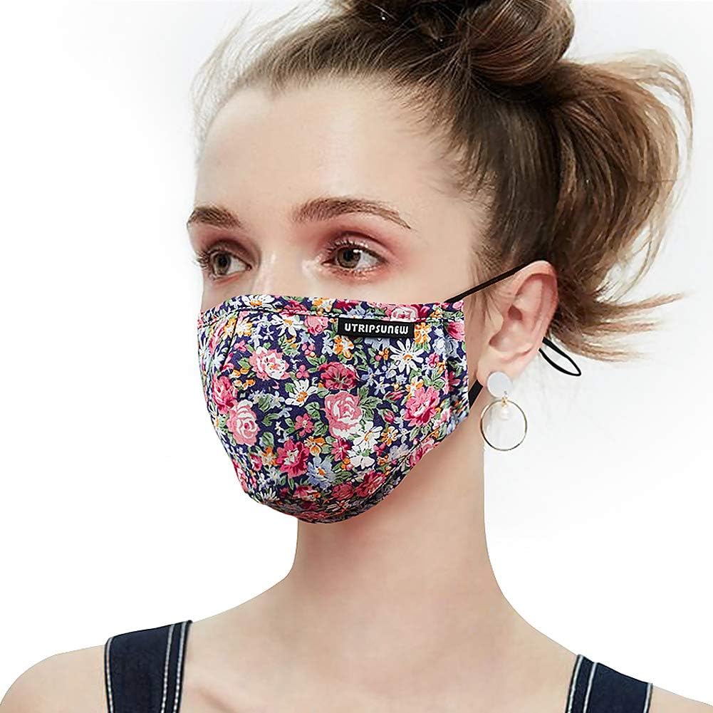 Face Masks for Women - Cotton Face Mask Washable Reusable Cloth Mask with 4 Filters Adjustable Ear Loops & Nose Wire