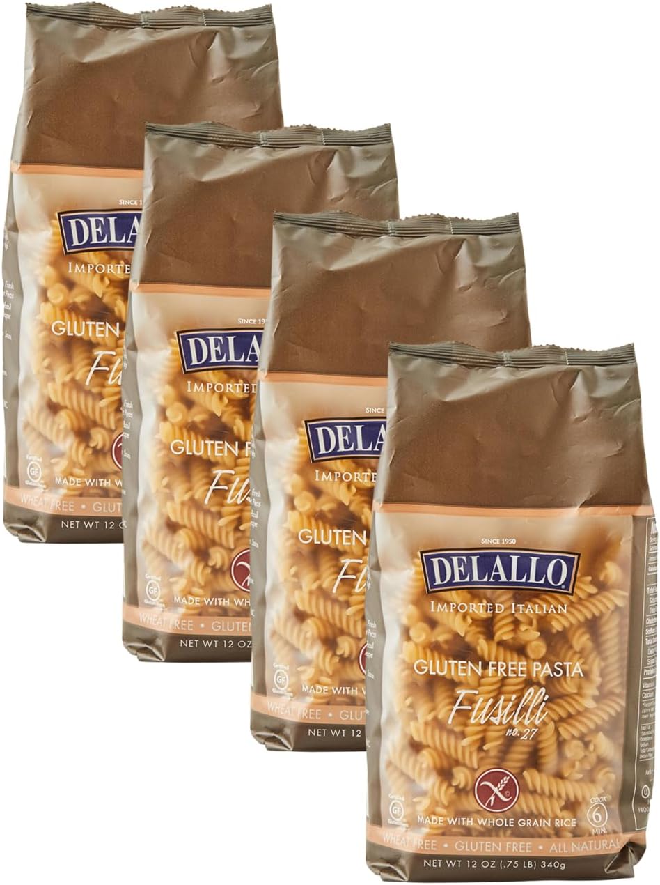 DeLallo Gluten Free Fusilli Brown Rice Pasta, Non-GMO, All Natural, Made in Italy, Kosher, Tree Nut Free, 12 Ounce Bag, (4 Pack)