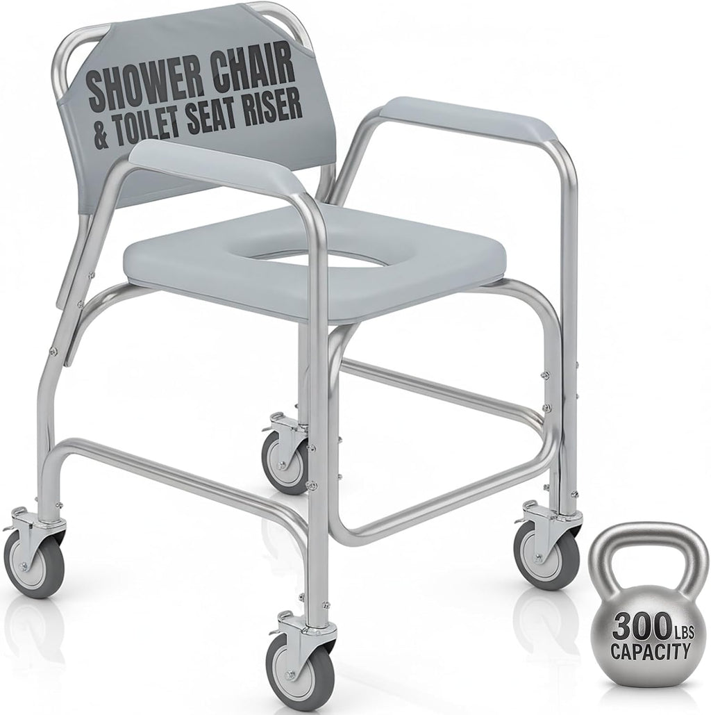 Vive Shower Chair & Toilet Riser with Wheels - Rolling Bathroom Seat for Elderly, Disabled, Handicapped - Adjustable Senior Raised Bath Potty Chair with Handles for Adults - w/ Arms & Locking Wheels