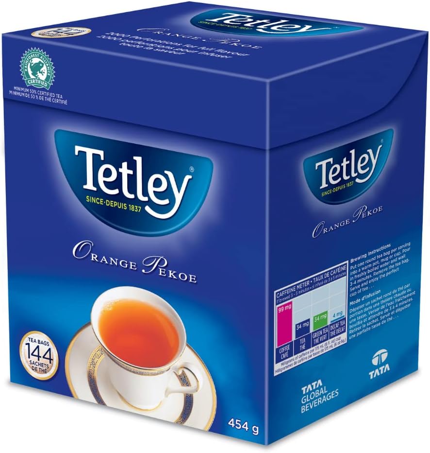 Tetley Orange Pekoe Tea, 144 Count Tea Bags, 454g/1lb, (Imported from Canada}