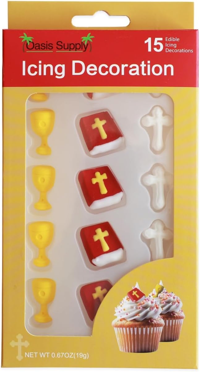 Oasis Supply Edible Christian Cake/Cupcake Toppers – 15 Ct Set with Chalice, Bible & Cross for Religious Celebrations