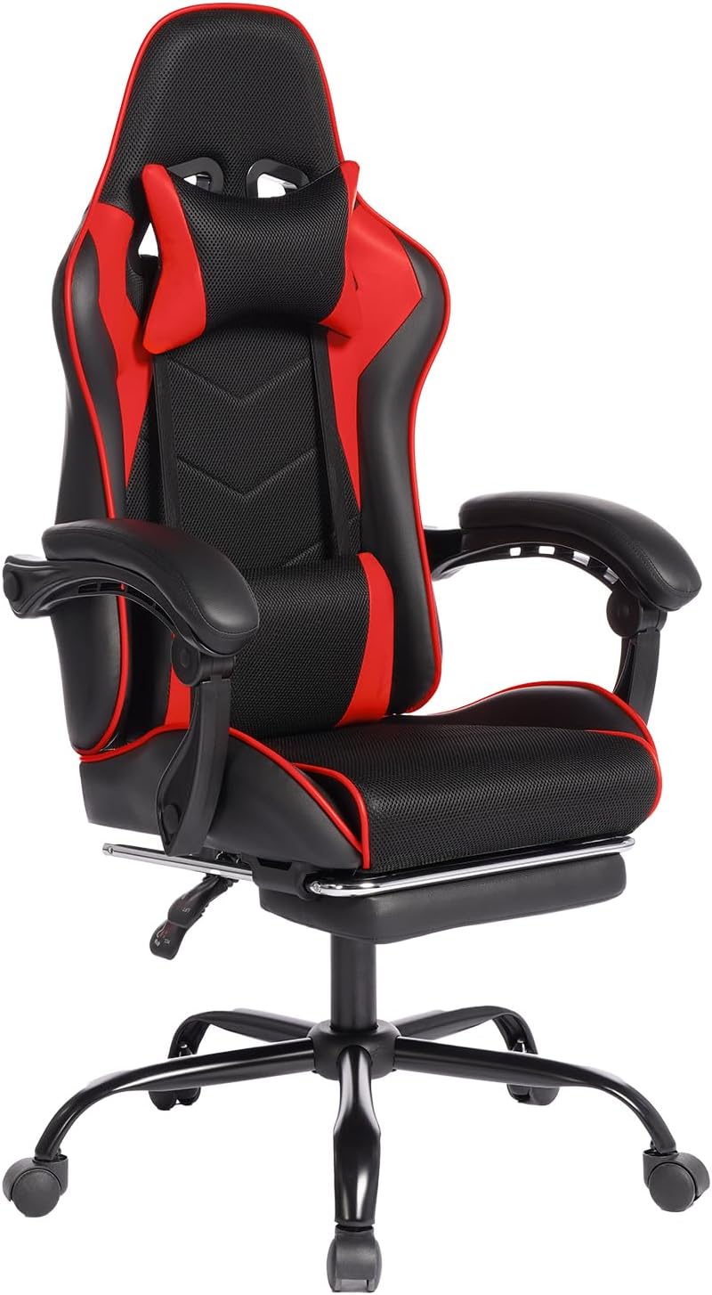 Gaming Chairs with Headrest and Lumbar Support, PU Leather Reclining Gaming Chair with Footrest, Racing Style Computer Desk Chair, Adjustable Height & Backrest (Black+Red)