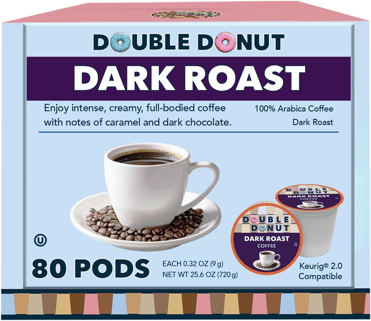 Double Donut Coffee Dark Roast Coffee Pods, Extra Bold Blend Coffee, Single Serve Coffee For Keurig K Cups Machines, Dark Roast Coffee in Recyclable Pods, 80 Count