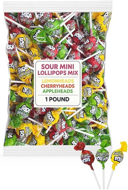 Sour Mini Pops Mix – Fruithead Lollipops – 1 LB (~37 Pops) – Sour Lemon, Sour Cherry & Sour Apple Flavors – Tart Fruity Candy Pops Individually Wrapped
