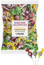 Sour Mini Pops Mix – Fruithead Lollipops – 1 LB (~37 Pops) – Sour Lemon, Sour Cherry & Sour Apple Flavors – Tart Fruity Candy Pops Individually Wrapped