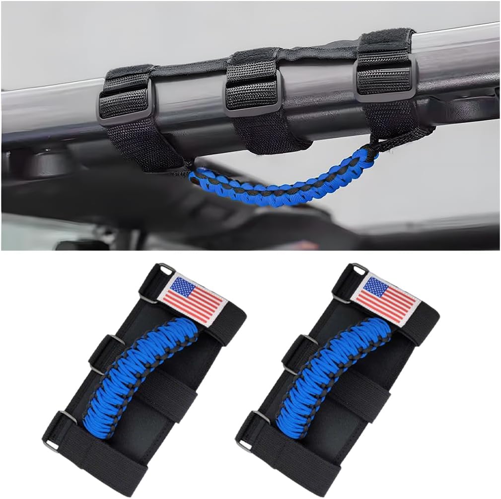 2PCS Car Roll Bar Grab Handles, Oxford Cloth American Flag ATV Paracord Grip Handle with Metal Buckle, Heavy Duty UTV Roll Cage Grab, Compatible with Wrangler JL, JT, JK (Blue)