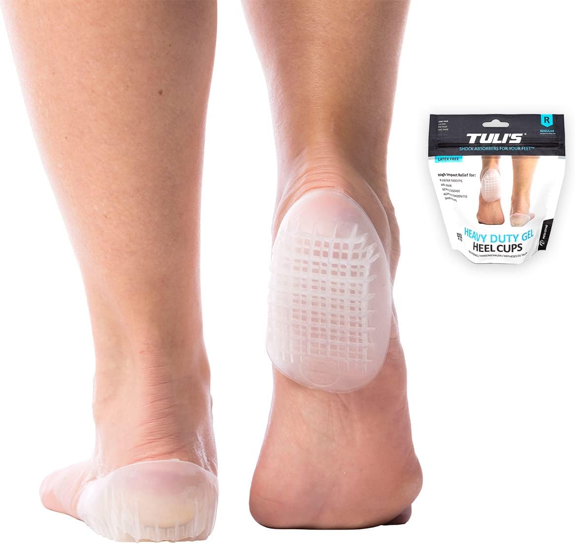 Tuli's Heavy Duty Gel Heel Cups, Cushion Insert for Plantar Fasciitis, Sever’s Disease, Shock Absorption, and Heel Pain Relief, 1 Pair, Regular