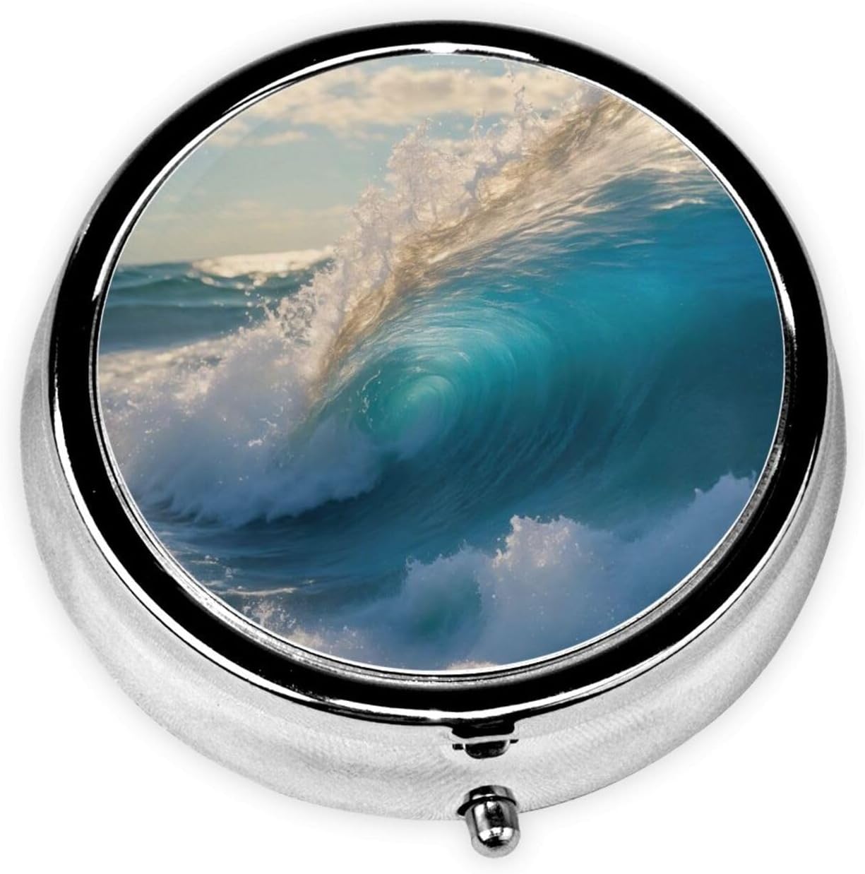 Ocean Sea Wave Print Round Mini Medicine Storage Box Round Mini Pill Box,Portable Pill Box 3 Compartment