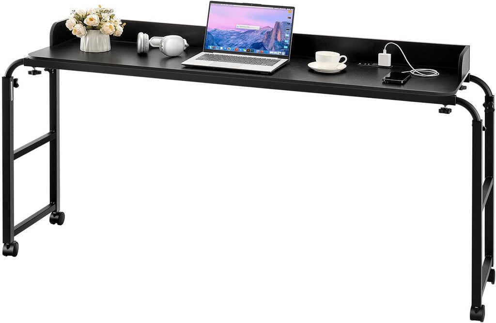 VEVOR Overbed Table, Mobile Bed Side Table with 4 Wheels (2 with Brakes) and Power Socket, Height Adjustable Rolling Laptop Desk, Portable Particleboard Over Bed Desk for Home, Office, Study, Black