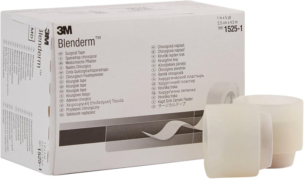 3M Blenderm Transparent, Hypoallergenic, Waterproof Plastic Medical Tape, 1" x 5 Yards, 12 Rolls, 1 Pack