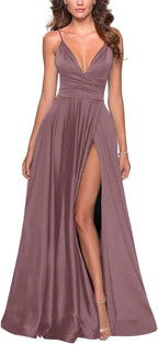 Tvuyet Satin Bridesmaid Dresses with Slit Pleated A Line Spaghetti Straps Formal Prom Evening Gowns