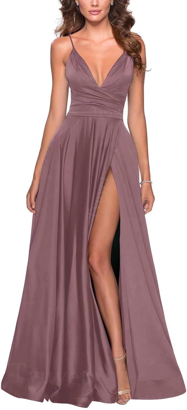 Tvuyet Satin Bridesmaid Dresses with Slit Pleated A Line Spaghetti Straps Formal Prom Evening Gowns