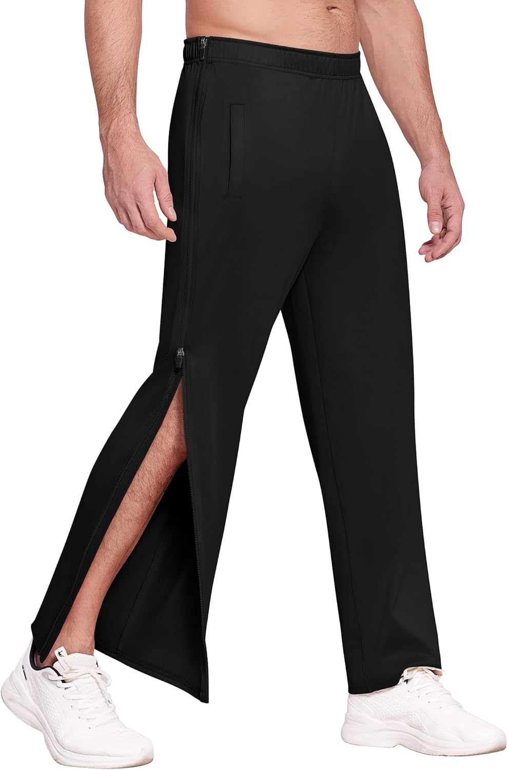 Deyeek Mens Tear Away Basketball Pants 2 Side Zippers Snap Off Full Open Down Sweatpants Leg Post Surgery Pant with Pockets