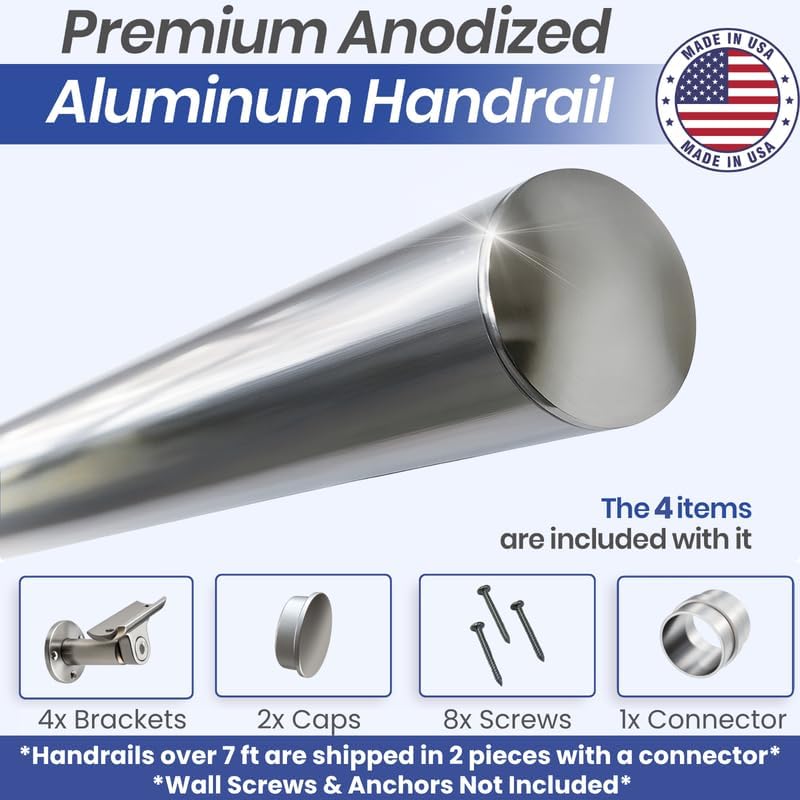 9FT Aluminum Handrail Kit for Indoor/Outdoor Stairs (2–18 FT Available) 1.97" Round Wall Mount Stair Railing, Stainless Steel Look, with Adjustable Steel Brackets Complete DIY Grab Bar Kit ARESSCORP