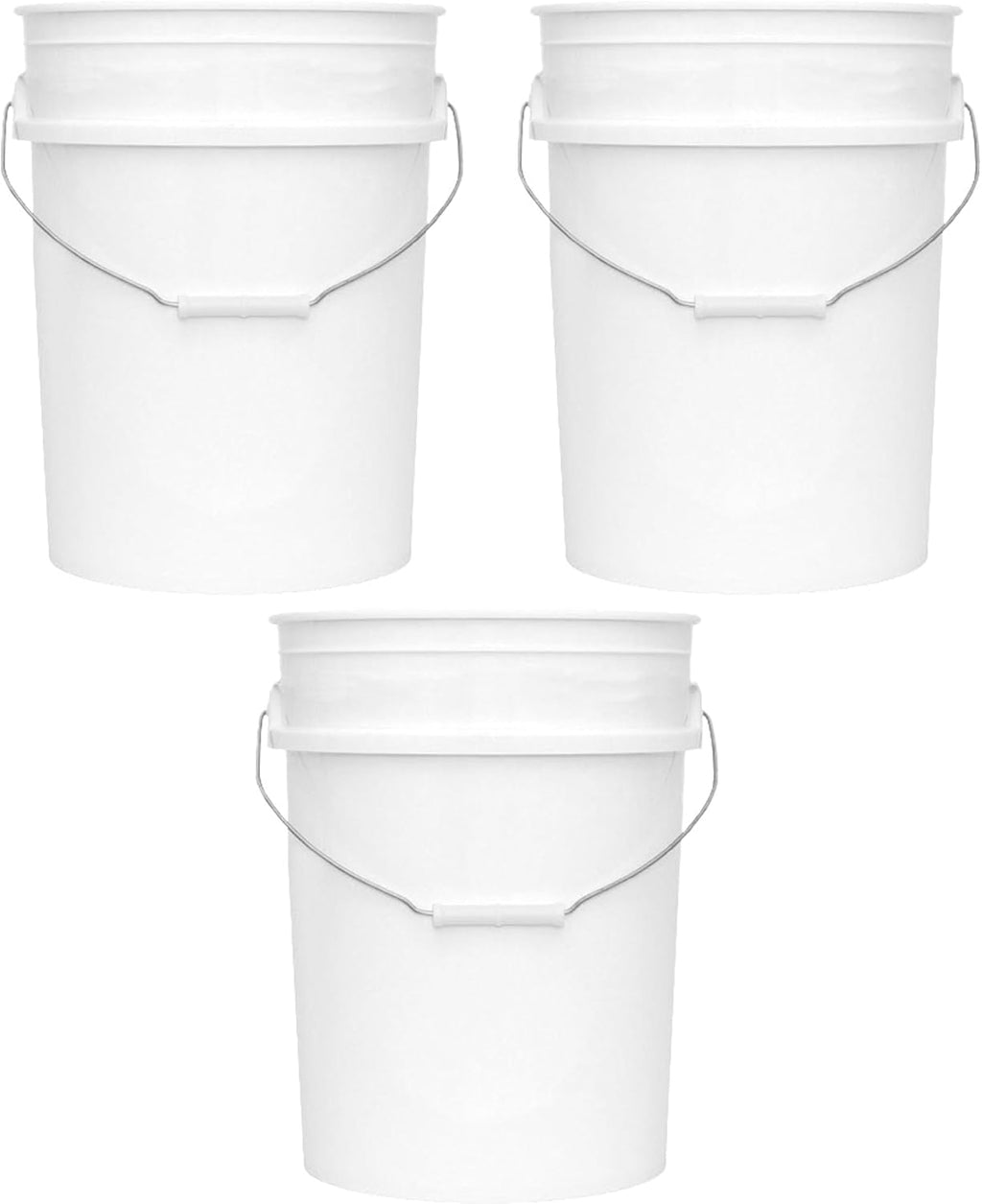 MKS Plastics 5-Gallon Bucket Only – No Lid Included, Made in USA, Food Grade BPA Free Plastic, Heavy Duty Multi-Use, Metal Handle with Grip, Stackable Storage – White, 3 Pack