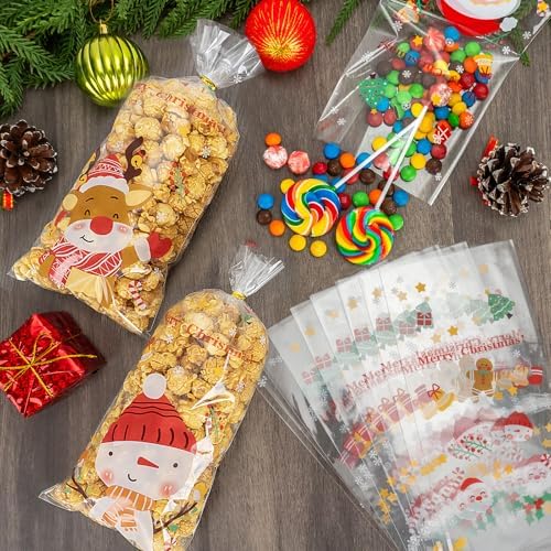 PADELO 100 Pcs Christmas Treat Bags - Merry Christmas Candy Bag, Plastic Xmas Cellophane Cello Goodie Goody Cookie Gift Snack Bags with Twist Ties for Goodies Present Wrap Xmas Party Favors Supplies