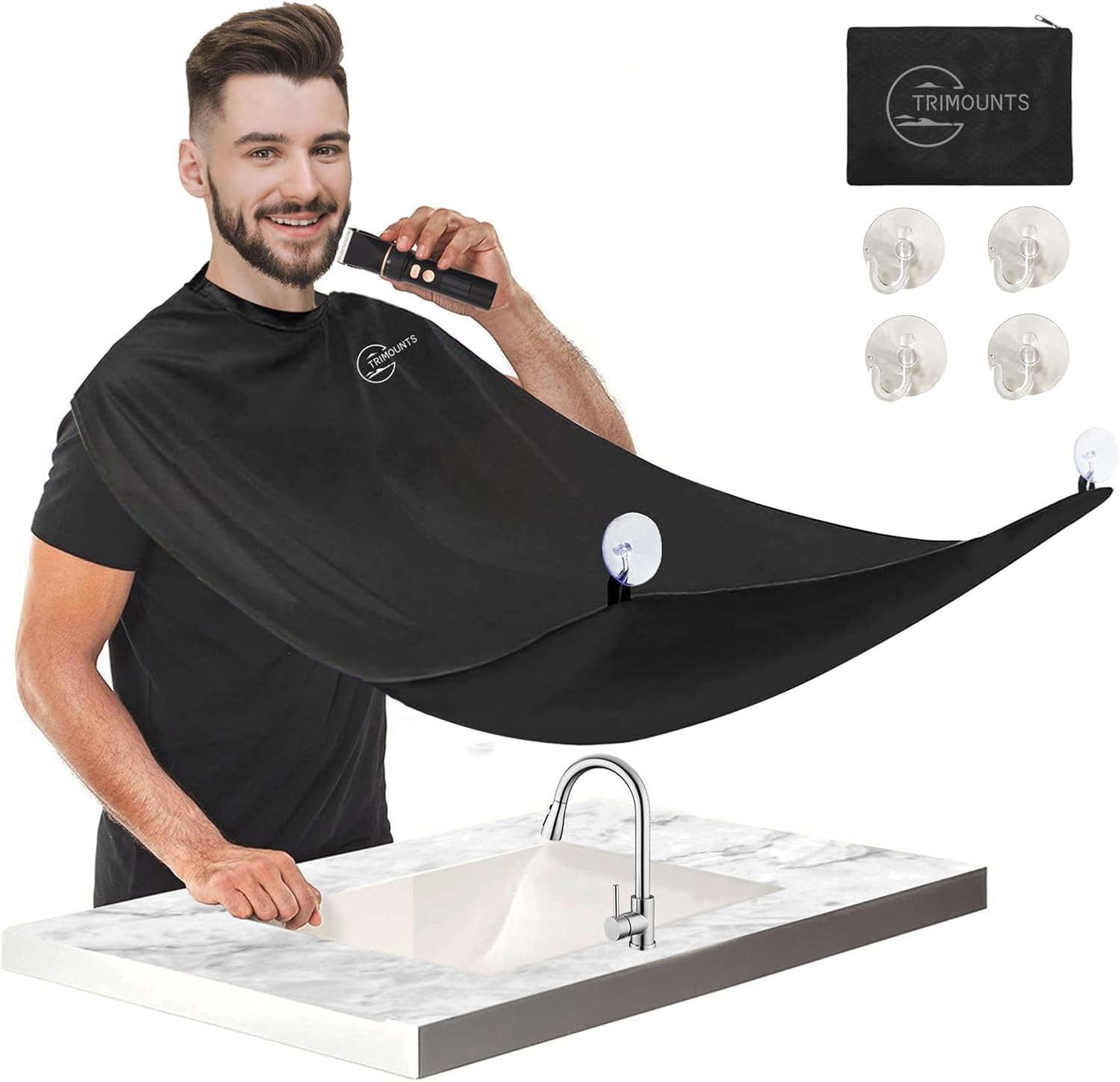 Beard Bib Apron for Men,Christmas Day Gift Beard Hair Catcher for Sink Non-Stick Beard Cape,1 Size Fits All,Grooming Accessorie Gift for Dad or Husband(Black)