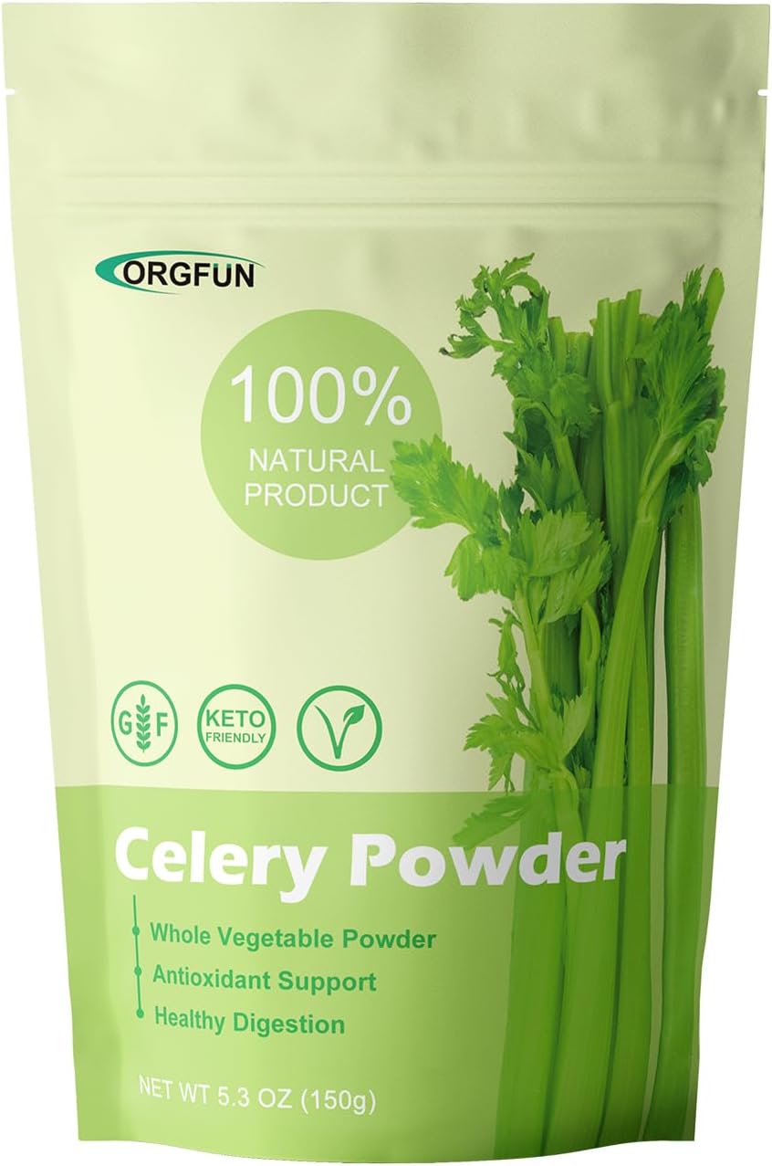 ORGFUN Celery Powder 100% Nature Fresh Celery Juice Powder, Locally Sourced No Additives Gluten Free Prefer for Drinks, Smoothies 5.3 Oz