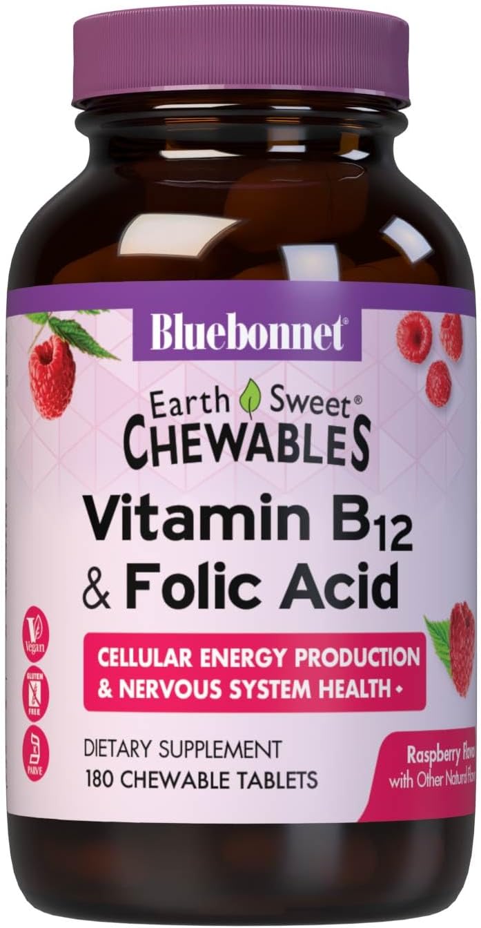 BlueBonnet Nutrition Earth Sweet Vitamin B12 & Folic Acid Chewable Tablets, Cream Raspberry 180 Count (Pack of 1)