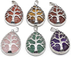 QSLLER 5PC Natural Pendant Life Tree Opal Rose Quartz Agate Tiger Eye Healing Crystal Charms for Jewelry Making DIY Necklaces