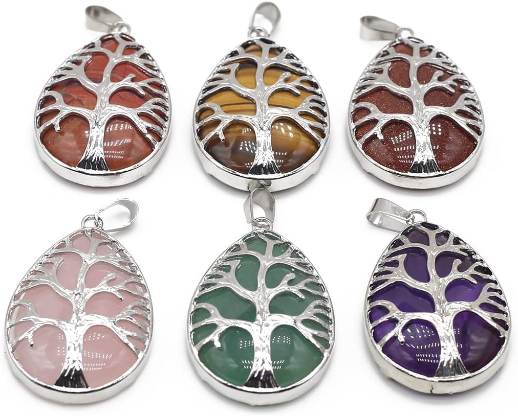 QSLLER 5PC Natural Pendant Life Tree Opal Rose Quartz Agate Tiger Eye Healing Crystal Charms for Jewelry Making DIY Necklaces