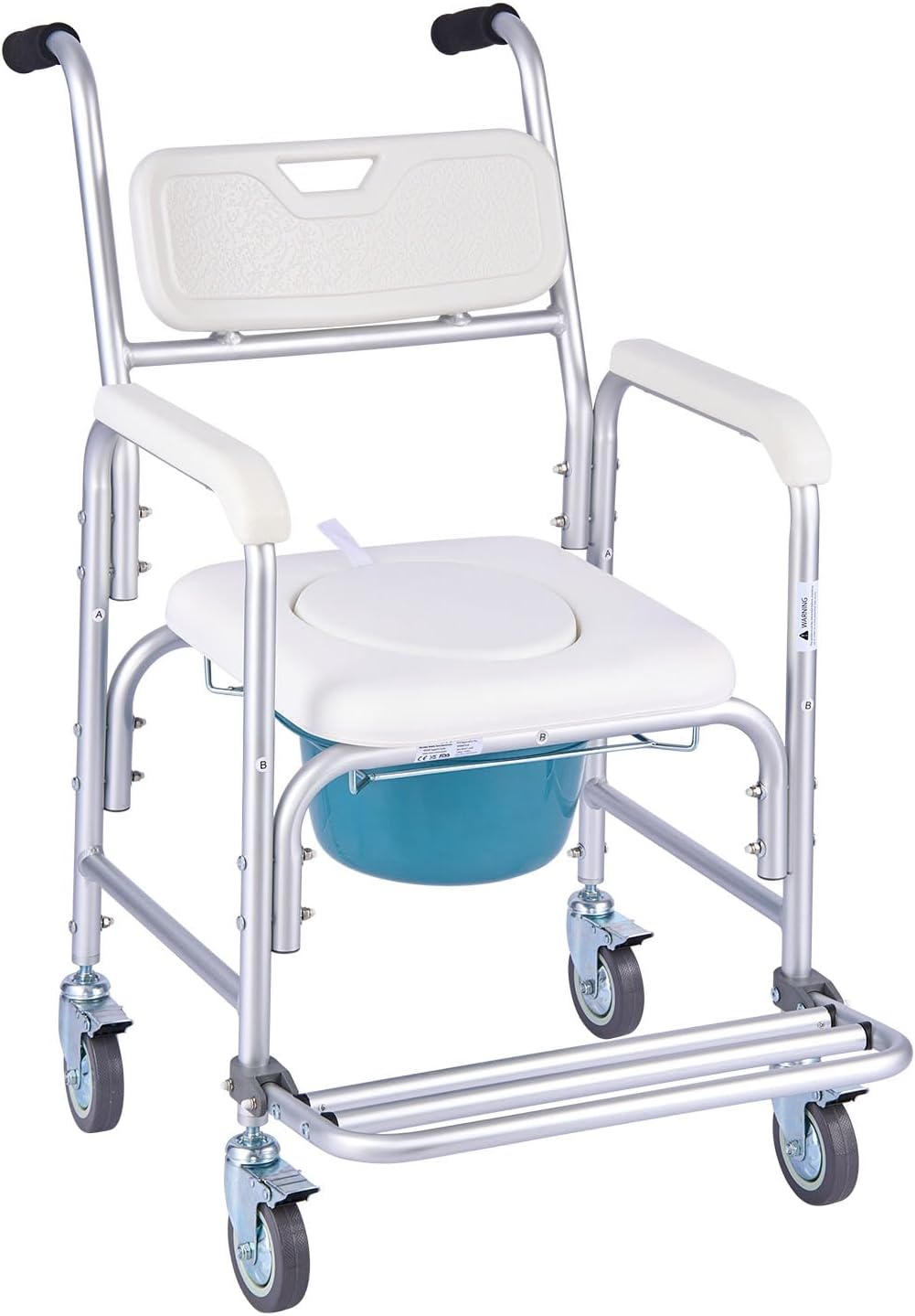 VEVOR Bedside Commode Chair with Wheels, 350 lbs Capacity, 4-in-1 Portable Toilet and Raised Toilet Seat with Padded Seat/Backrest/Flip-up Footrest, Detachable 5L Bucket, Shower Wheelchair for Seniors